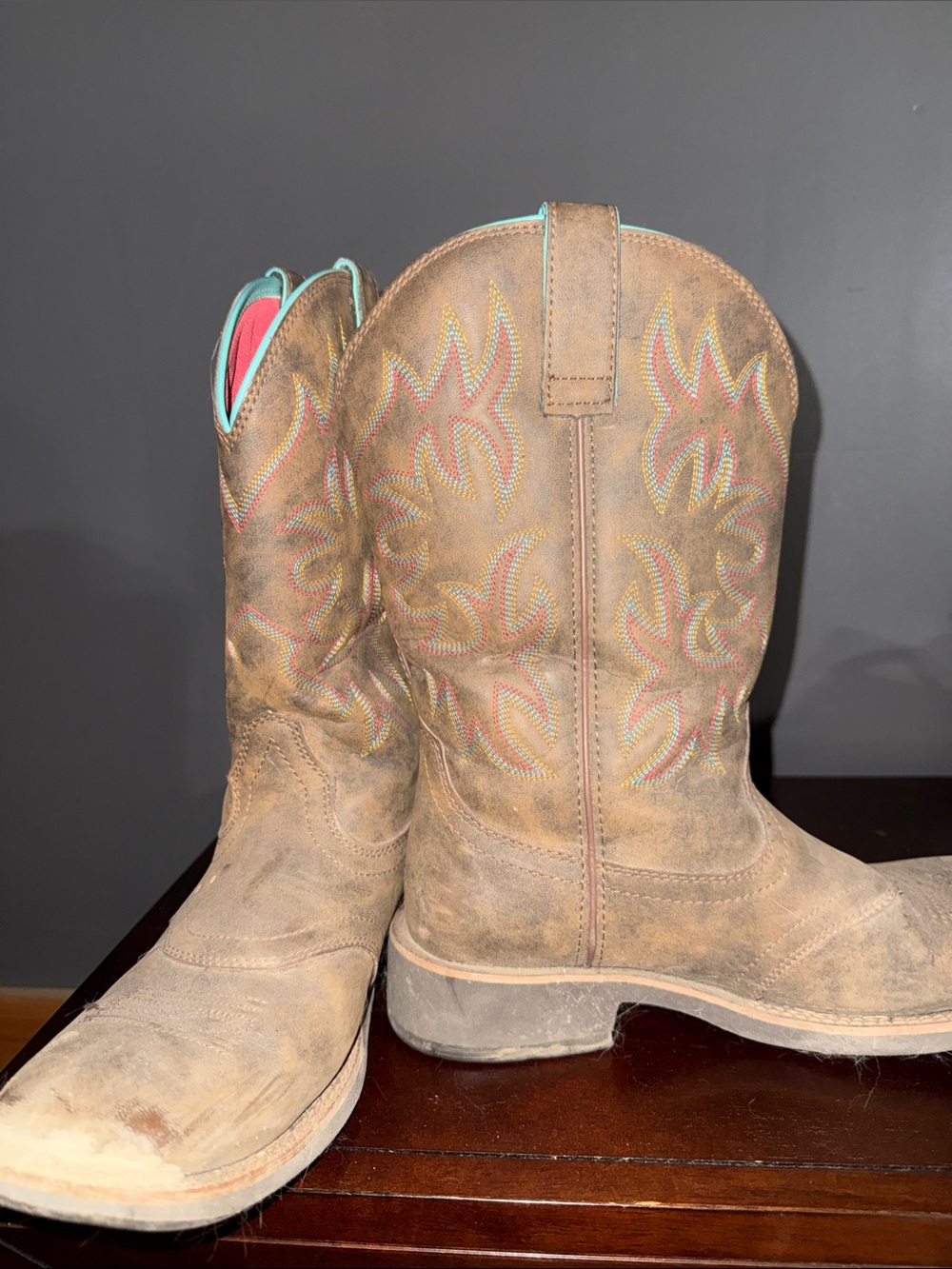 Ariat Brown Western Pull-On Boots with Pink & Teal Stitching